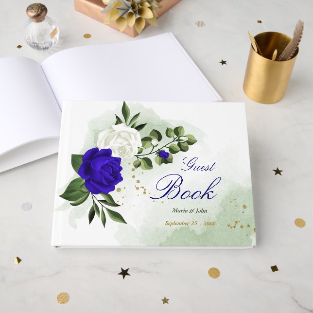 Hochzeit in royal-blauen Blume Gästebuch (Vorderseite Offen)