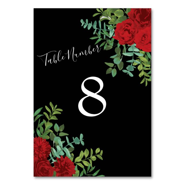 Hochzeit in Schwarz und Rote Rose Tischnummer (Rückseite)