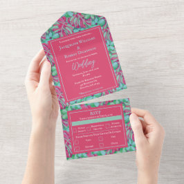 Hochzeit in tropischem Rosa und grüner Flora All In One Einladung