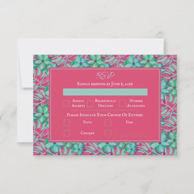 Hochzeit in tropischem Rosa und grüner Flora RSVP Karte (Rückseite)