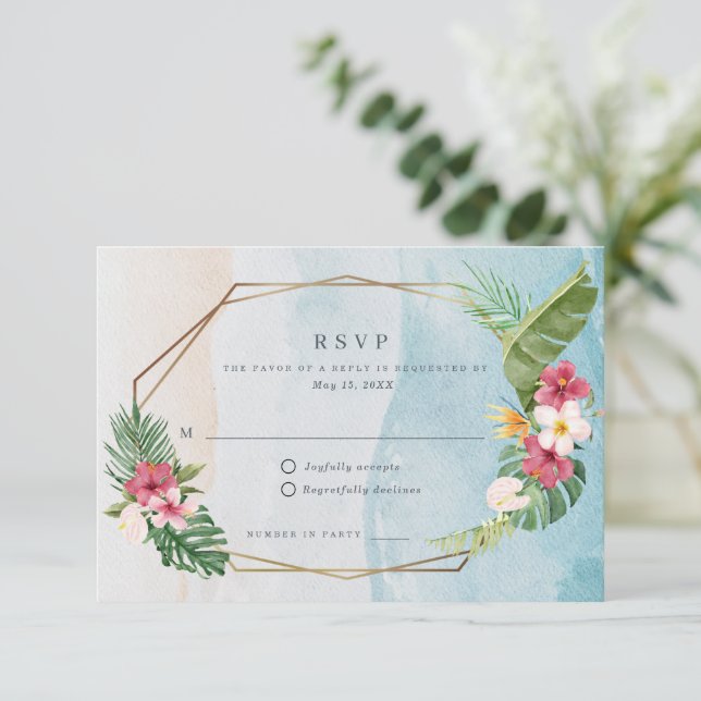 Hochzeit in tropischer Blume RSVP Karte (Stehend Vorderseite)