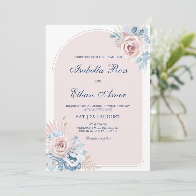 Hochzeit in trostfreiem Blau und Rosa Einladung (Stehend Vorderseite)