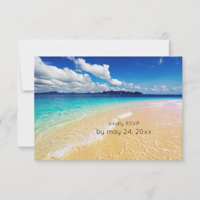Hochzeit in Urlaubsort am Strand mit Mahlzeiten RSVP Karte (Vorderseite)