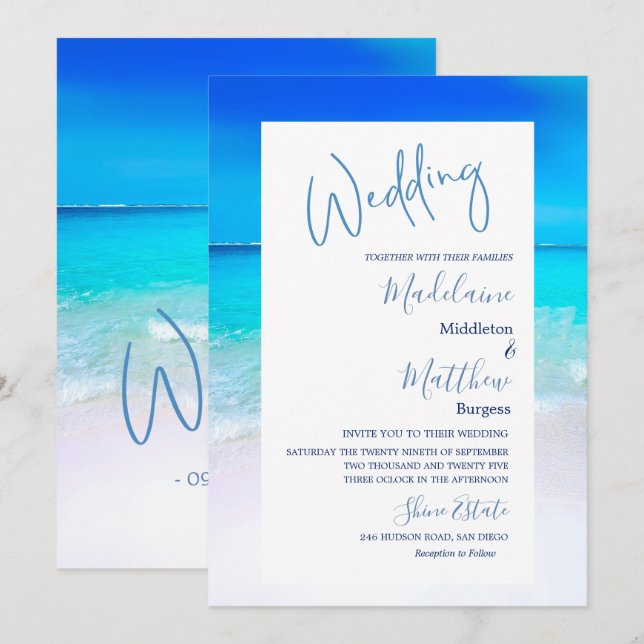 Hochzeit in Urlaubsort Beach Ocean Blue Modern Einladung (Vorne/Hinten)