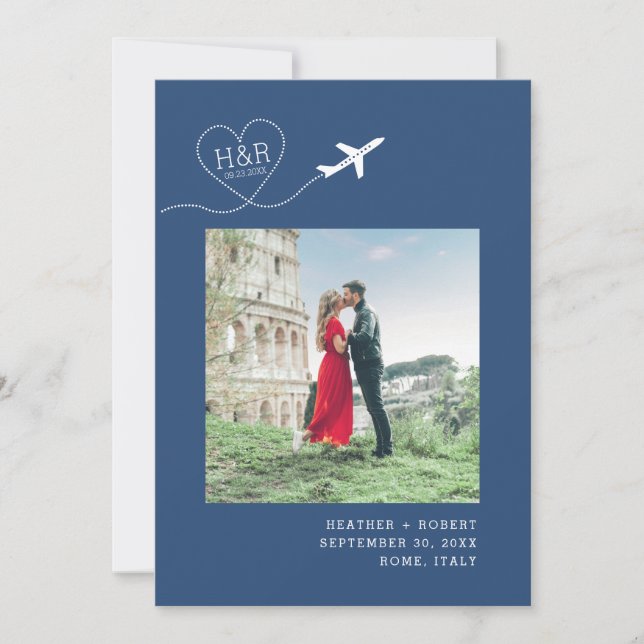 Hochzeit in Urlaubsort Blue Airplane Monogramm Save The Date (Vorderseite)