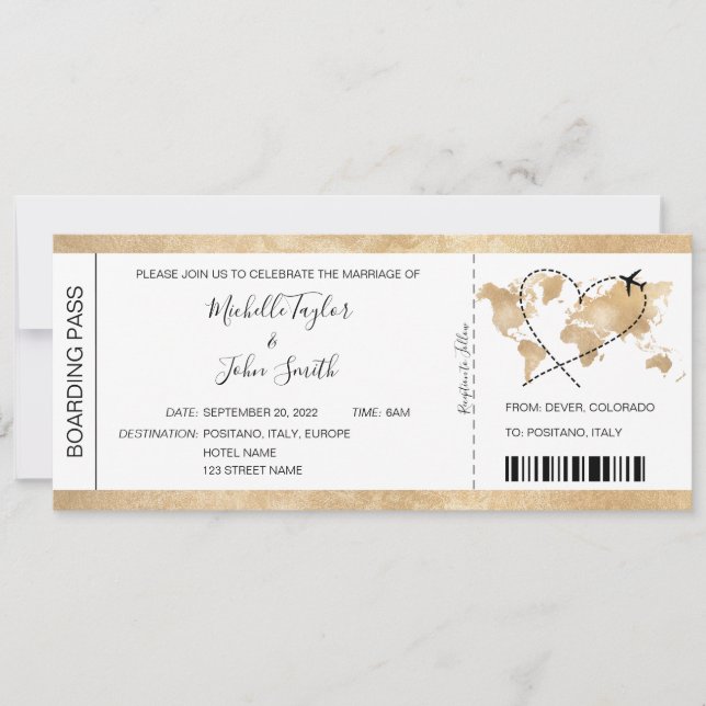 Hochzeit in Urlaubsort Boarding Pass Flugzeug Icon Einladung (Vorderseite)