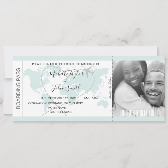 Hochzeit in Urlaubsort Boarding Pass Flugzeug Icon Einladung (Vorderseite)
