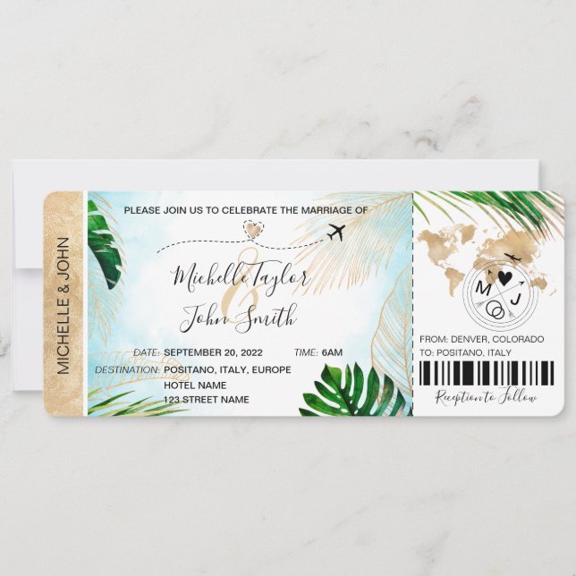 Hochzeit in Urlaubsort Boarding Pass Flugzeug Trop Einladung (Vorderseite)