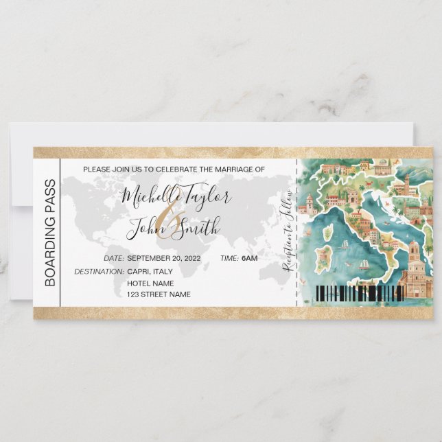 Hochzeit in Urlaubsort Boarding Pass Italien Einladung (Vorderseite)