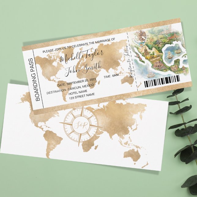 Hochzeit in Urlaubsort Boarding Pass Mexiko Einladung (watercollor illustrated map of mexico, boarding pass)