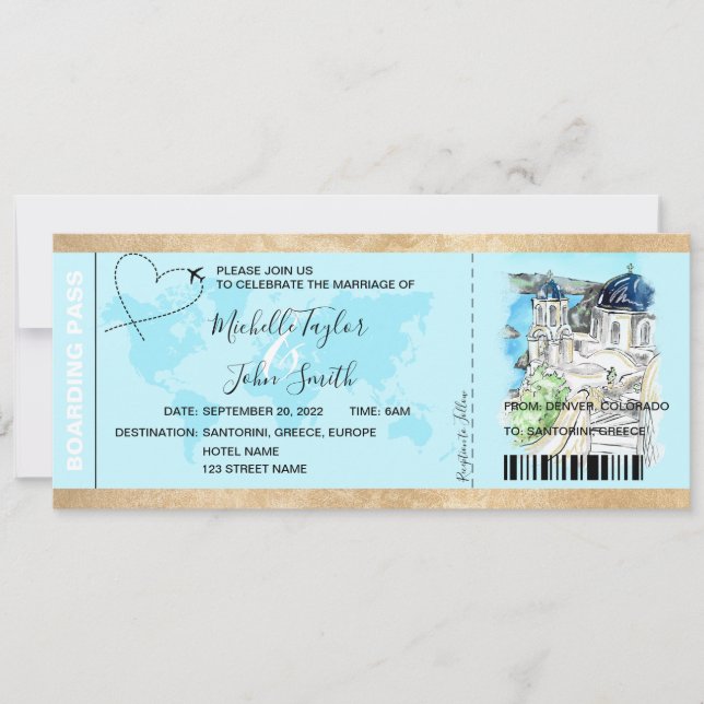 Hochzeit in Urlaubsort Boarding Pass Santorini Gri Einladung (Vorderseite)