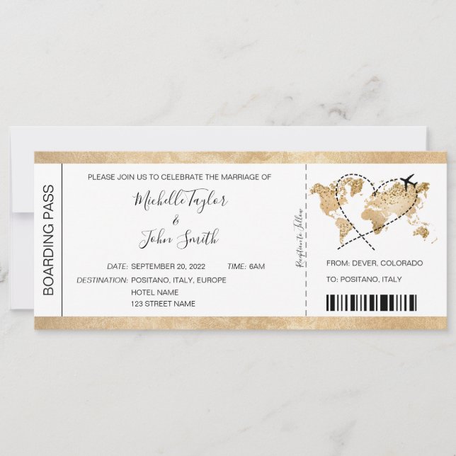 Hochzeit in Urlaubsort Boarding Ticket Gold Plan Einladung (Vorderseite)