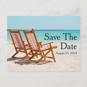 Hochzeit in Urlaubsort der Strandstühle Save the D Ankündigungspostkarte