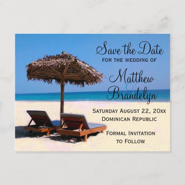 Hochzeit in Urlaubsort der Strandstühle Save the D Ankündigungspostkarte (Vorderseite)