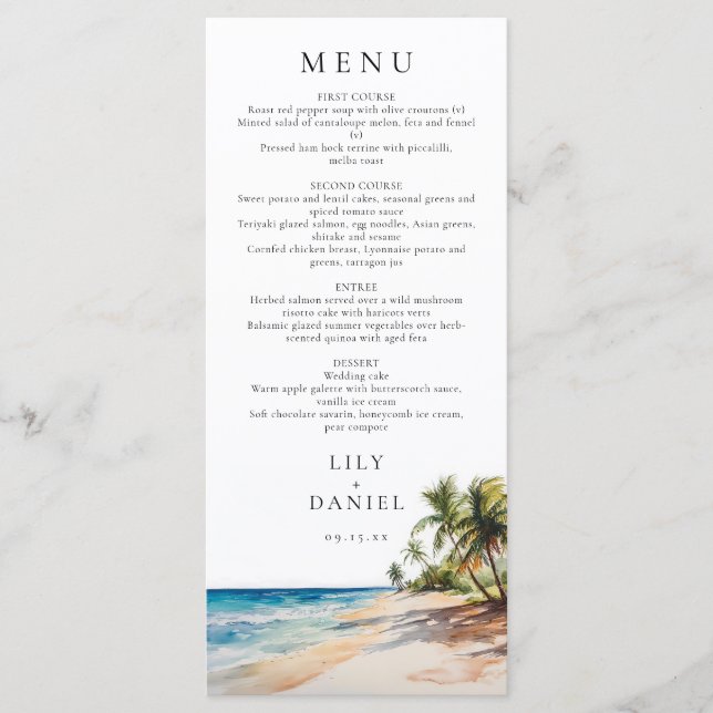 Hochzeit in Urlaubsort des tropischen Strandes Menükarte (Vorderseite)