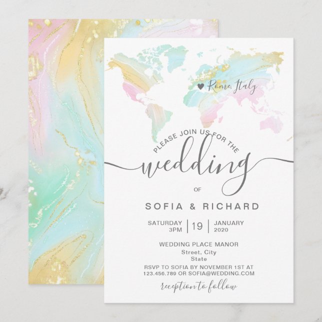 Hochzeit in Urlaubsort - Einladung zur Weltkarte (Vorne/Hinten)