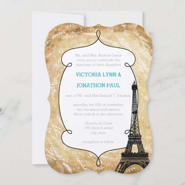 Hochzeit in Urlaubsort Floral Garland Paris Einladung (Vorderseite)