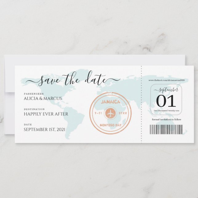 Hochzeit in Urlaubsort Flugzeug Ticket Save the Da Einladung (Vorderseite)