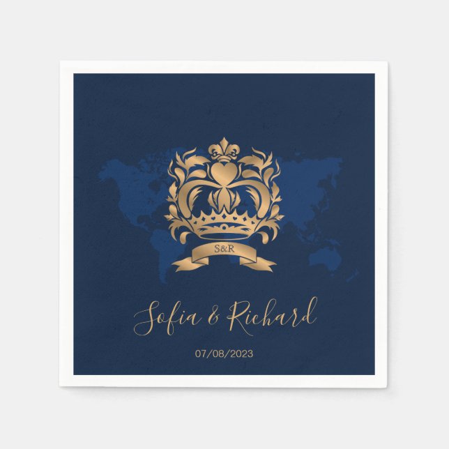Hochzeit in Urlaubsort Gold Navy Weltkarte Serviette (Vorderseite)