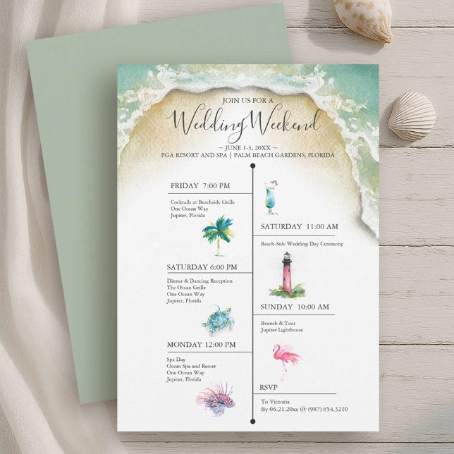 Hochzeit in Urlaubsort Leuchtturm Einladung (Beach wedding weekend itinerary watercolor illustration art by Victoria Grigaliunas )