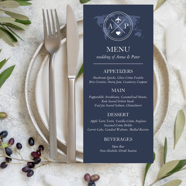 Hochzeit in Urlaubsort Navy Blue Passport Menükarte (Travel, destination wedding Menu)