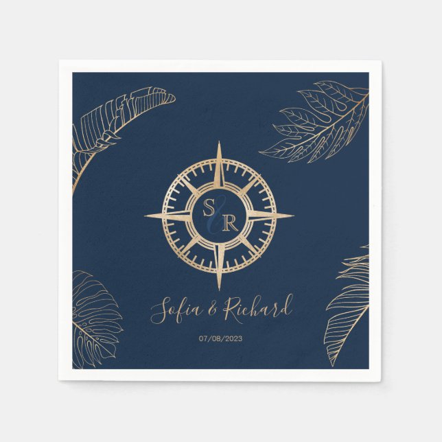 Hochzeit in Urlaubsort Palm Compass Monogram Serviette (Vorderseite)