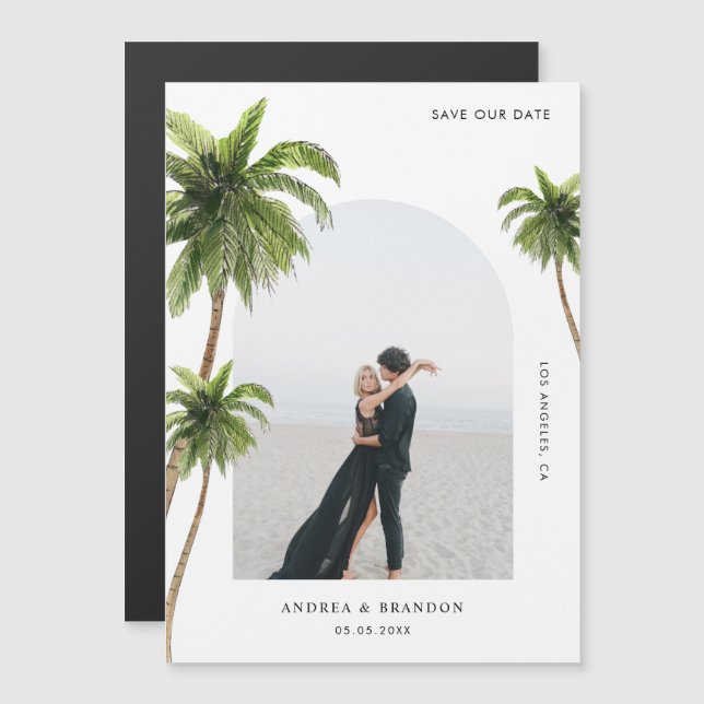 Hochzeit in Urlaubsort Palm Tree Tropical Arch Fot Magneteinladung (Vorne/Hinten)