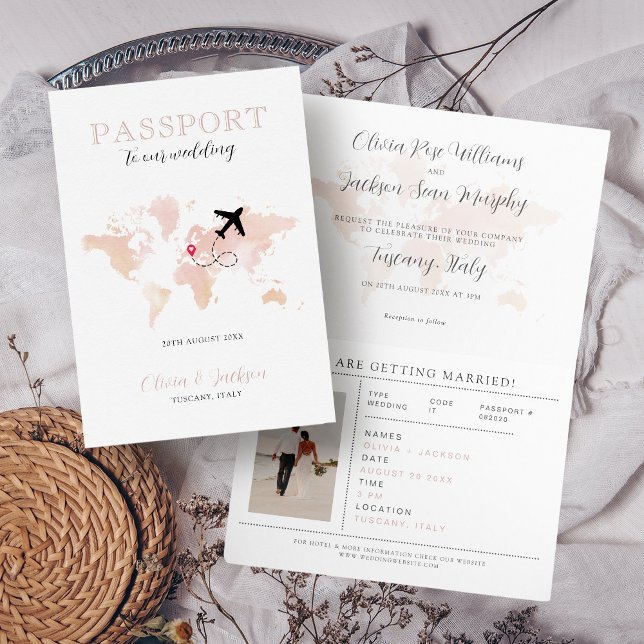 Hochzeit in Urlaubsort Passport Blush Pink Weltkar Einladung (Von Creator hochgeladen)