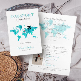 Hochzeit in Urlaubsort Passport Mint & Blue World Einladung