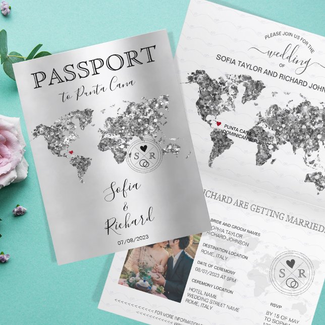 Hochzeit in Urlaubsort Passport Weltkarte Silver Einladung (Von Creator hochgeladen)