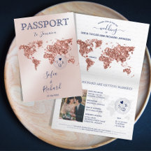 Hochzeit in Urlaubsort Passport World Map Rose Gol