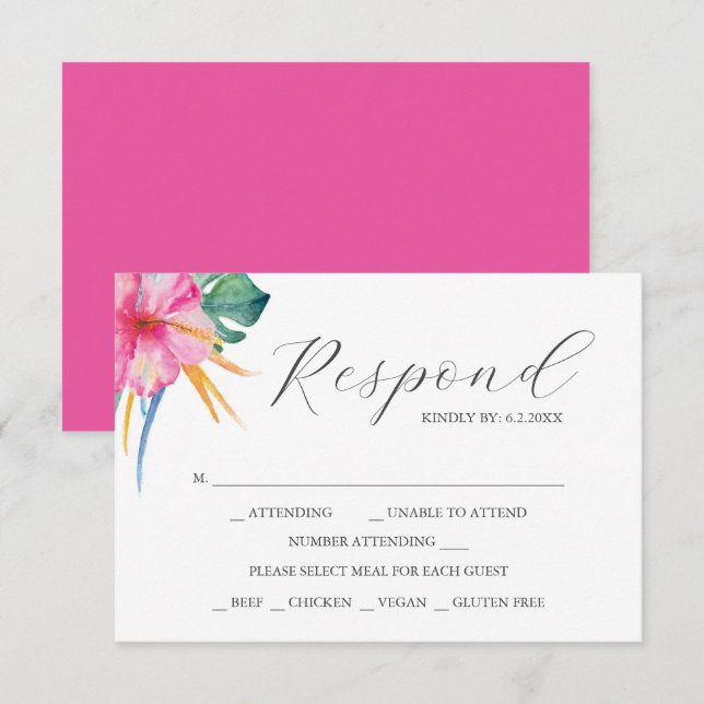 Hochzeit in Urlaubsort RSVP-Karten Vibranntrosa RSVP Karte (Vorne/Hinten)