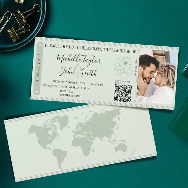 Hochzeit in Urlaubsort Sage Boarding Pass QR Code Einladung (modern sage green boarding pass invitation)