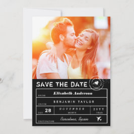 Hochzeit in Urlaubsort Schwarz-weißer Gepäckanhäng Save The Date