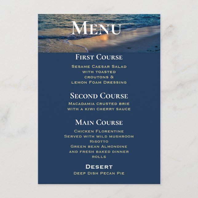 Hochzeit in Urlaubsort Sunny Skies Wedding Menu Begleitkarte (Vorderseite)
