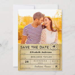 Hochzeit in Urlaubsort Vintager Gepäckanhänger Fot Save The Date