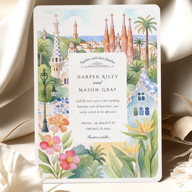 Hochzeit in Urlaubsort Watercolor Barcelona Einladung (Von Creator hochgeladen)