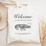 Hochzeit in Urlaubsort Welcome Lobster Tragetasche<br><div class="desc">Diese Hochzeit in Urlaubsort Hotel oder Günstige Tasche zeigt eine Vintage Abbildung eines Hummers unter dem Wort "willkommen" in eleganten Schrift. Personalisieren Sie es mit Ihrem Hochzeitsort,  den Namen der Braut und des Bräutigams und dem Hochzeitstag.</div>