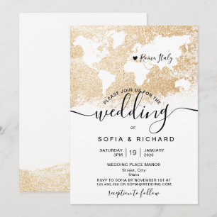Hochzeit in Urlaubsort World Map Gold Einladung