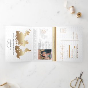 Hochzeit in Urlaubsort World Map Gold Navy Dreifach Gefaltete Urlaubskarte