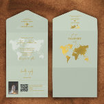 Hochzeit in Urlaubsort World Passport Sage Green G All In One Einladung<br><div class="desc">Eine schlanke grüne und goldene Hochzeit in Urlaubsort Passgestaltung mit goldener Weltkarte, Flugzeug und Reiseelementen. Dieses Design ist ideal für alle Frühlings-, Sommer-, Herbst- und Winter-Hochzeiten in Urlaubsort. Ein elegantes Weiß- und Golddesign mit Passlayout, Weltkarte und individuellem Foto. Eine moderne Hochzeit in Urlaubsort lädt zum Design mit eleganten Elementen. Es...</div>