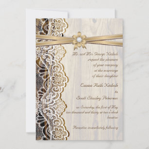 Hochzeit in Weiß, Band, Blume und Holz Einladung