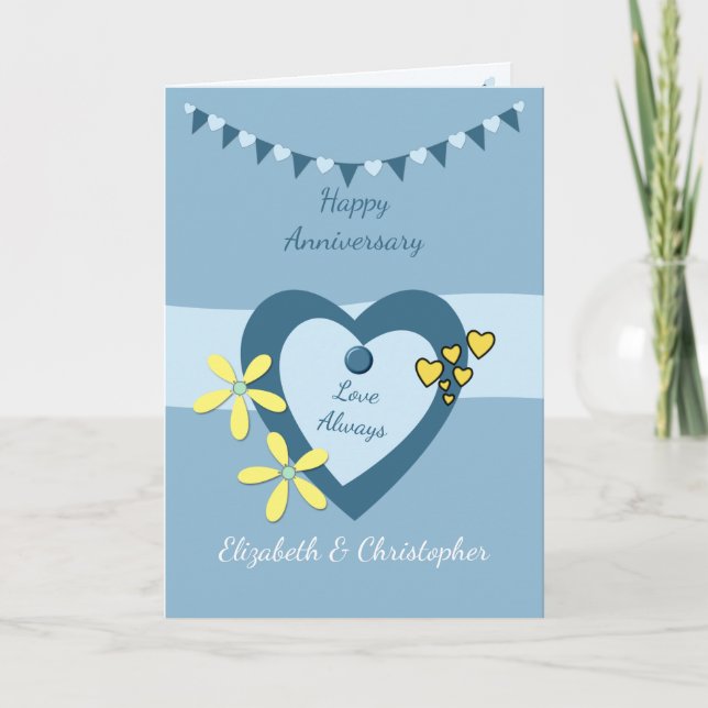 Hochzeit Jubiläum blau mit Burt und Herz Karte (Vorderseite)