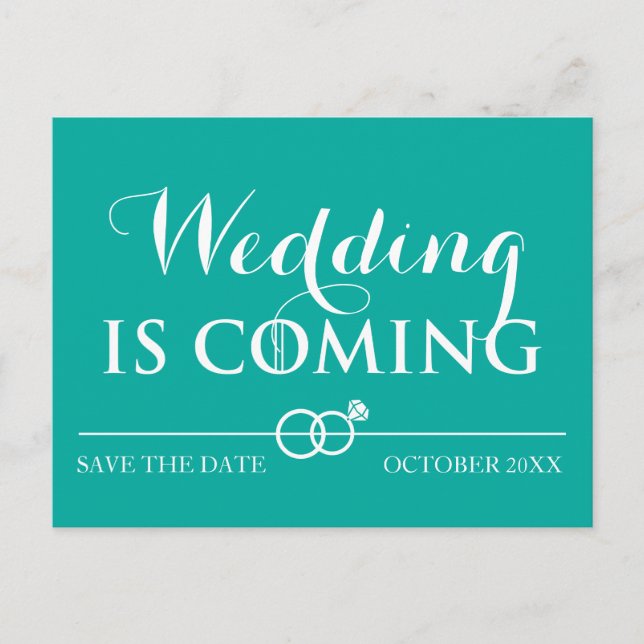 Hochzeit kommt Save the Date weiß Ankündigungspostkarte (Vorderseite)