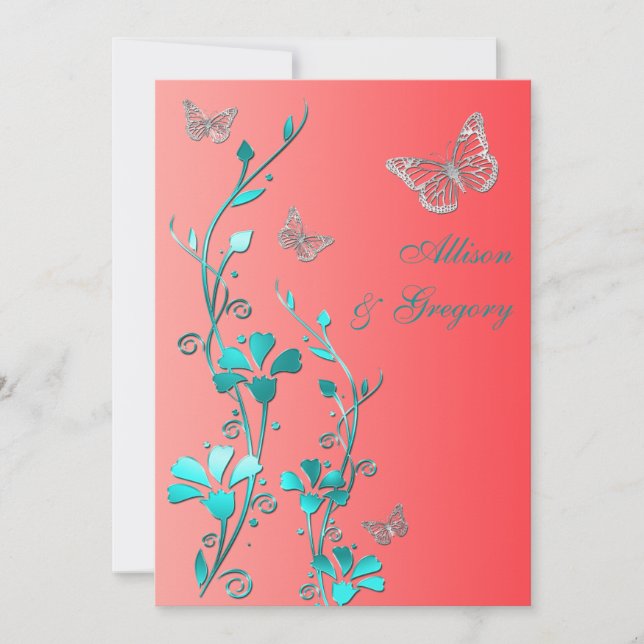 Hochzeit| Korallengrau| Flora| Schmetterlinge Einladung (Vorderseite)