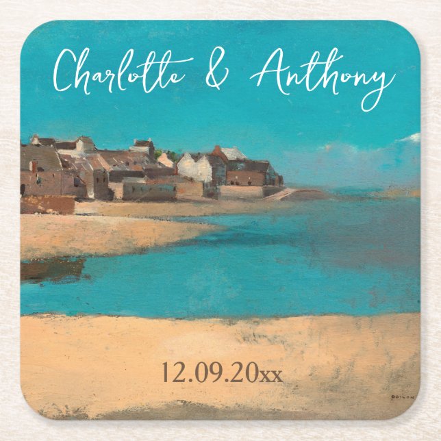 Hochzeit kreativer Village Sea Sky Impressionist Rechteckiger Pappuntersetzer (Vorderseite)