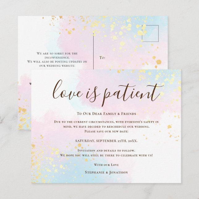 Hochzeit Liebe ist Patient Gerettet neues Datum Aq Ankündigungspostkarte (Vorne/Hinten)