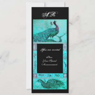 Hochzeit Liebe Pfauen Monogramm blau schwarz Einladung