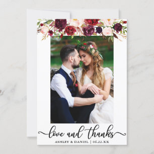 Hochzeit Liebe und Dank an Burgundy Floral Foto Dankeskarte