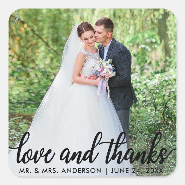 Hochzeit Liebe und Dank | Foto Danke, Blk Quadratischer Aufkleber (Vorderseite)